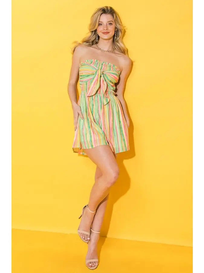 Weezie D. Colorful stripe strapless flare shorts romper is flowy, flirty and feminine for a summer day out. Perfect to wear to that bbq, picnic, or festival. Great for vacation. 