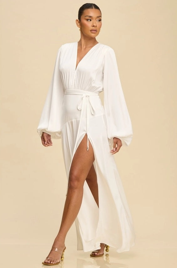 White Satin Balloon Sleeve Maxi Gown by Weezie D. White / Medium by Weezie D
