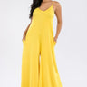 Weezie D. Lemon Yellow Wide Leg Stretch Jumpsuit is chic and comfortable. We love all the features that include stretch, wide leg fit and side pockets. Great stretch fabric. Goes up to size X-Large.