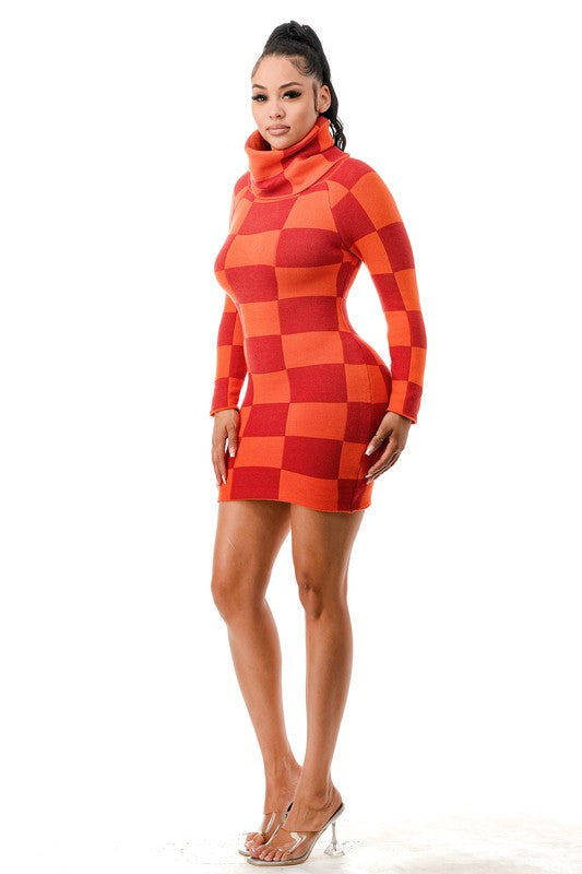 Paprika Knit Cozy Checkered Dress