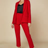 Knit Long Sleeve Red Blazer Jacket in Scarlet Red is stretch and the perfect way to suit up in a comfort. We love the side pockets and printed inner liner for polished look. Add this powerful color to your wardrobe. Don't forget the matching trousers for a matching set. Relaxed Fit 70% Rayon 25% Polyester 5% Spandex