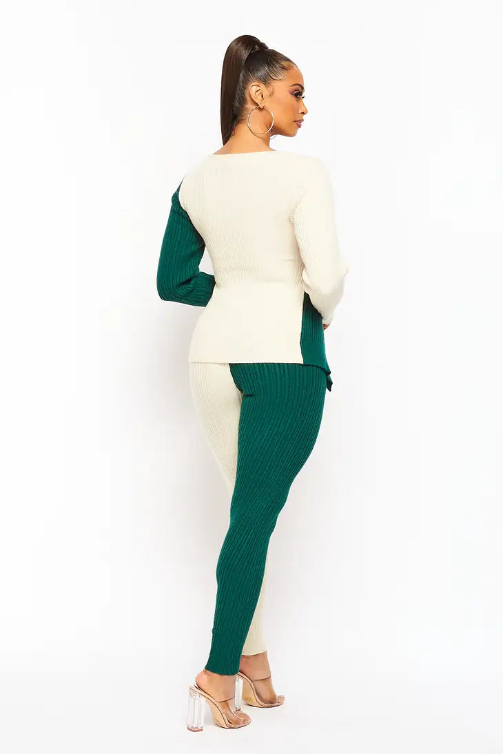 Weezie D Hunter Green Color Block Matching Pant Set is combined with sexy cozy appeal. Sweater knit ribbed fabric is stretch for added comfort. Wear with heels to brunch or with cute sneakers for a more casual fresh look. Beautifully executed on style & quality.   Hunter Green & Ivory Combo 70% Polyester 30% Nylon