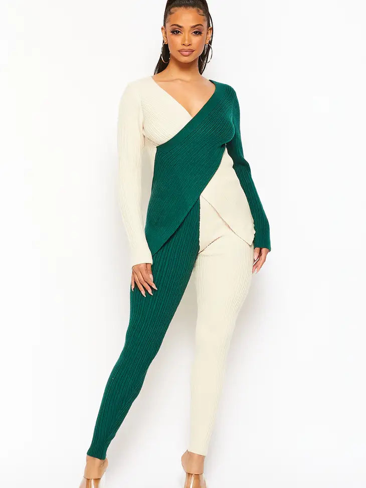 Weezie D Hunter Green Color Block Matching Pant Set is combined with sexy cozy appeal. Sweater knit ribbed fabric is stretch for added comfort. Wear with heels to brunch or with cute sneakers for a more casual fresh look. Beautifully executed on style & quality.   Hunter Green & Ivory Combo 70% Polyester 30% Nylon