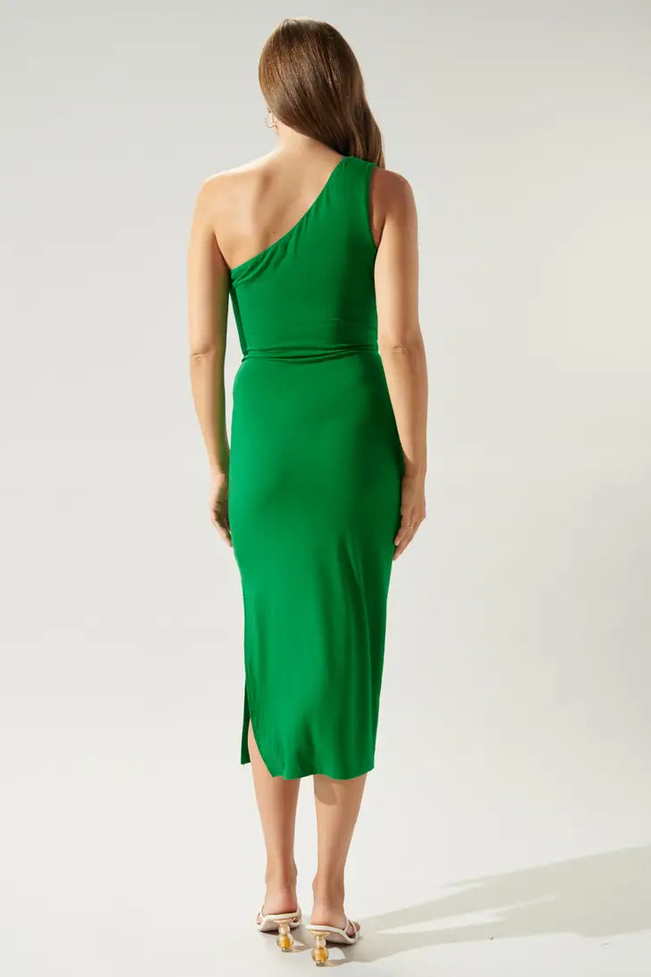 Weezie D Goddess Cut Out Kelly Green Midi Dress is a super soft jersey stretch knit that is comfy & will hug your curves just right. Exquisite color! Wear to most events or on vacation with the right accessories. Side slit, one shoulder, & front cutout peek a boo detail with front tie, a MUST HAVE 96% Rayon 4% Spandex