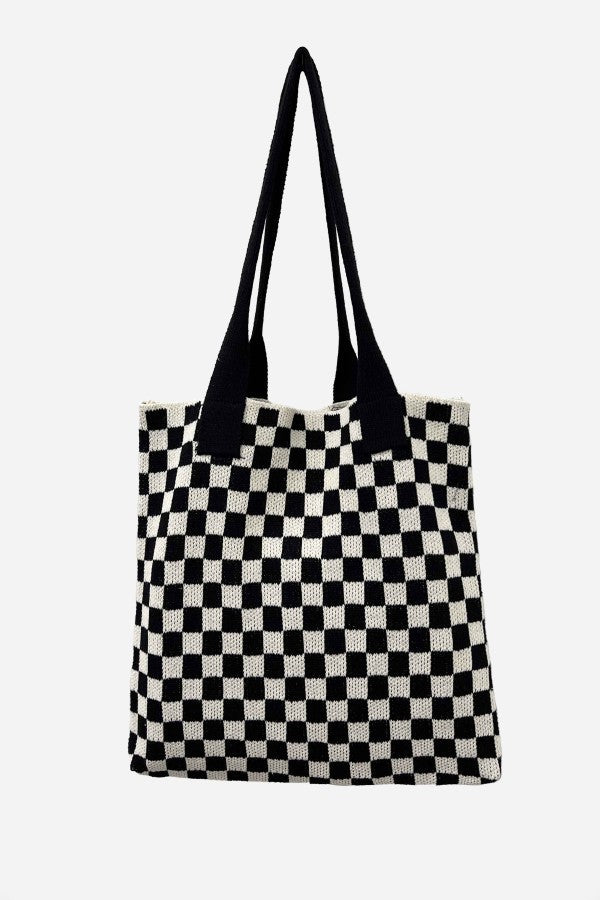 Checkered Print Knit Tote Bag