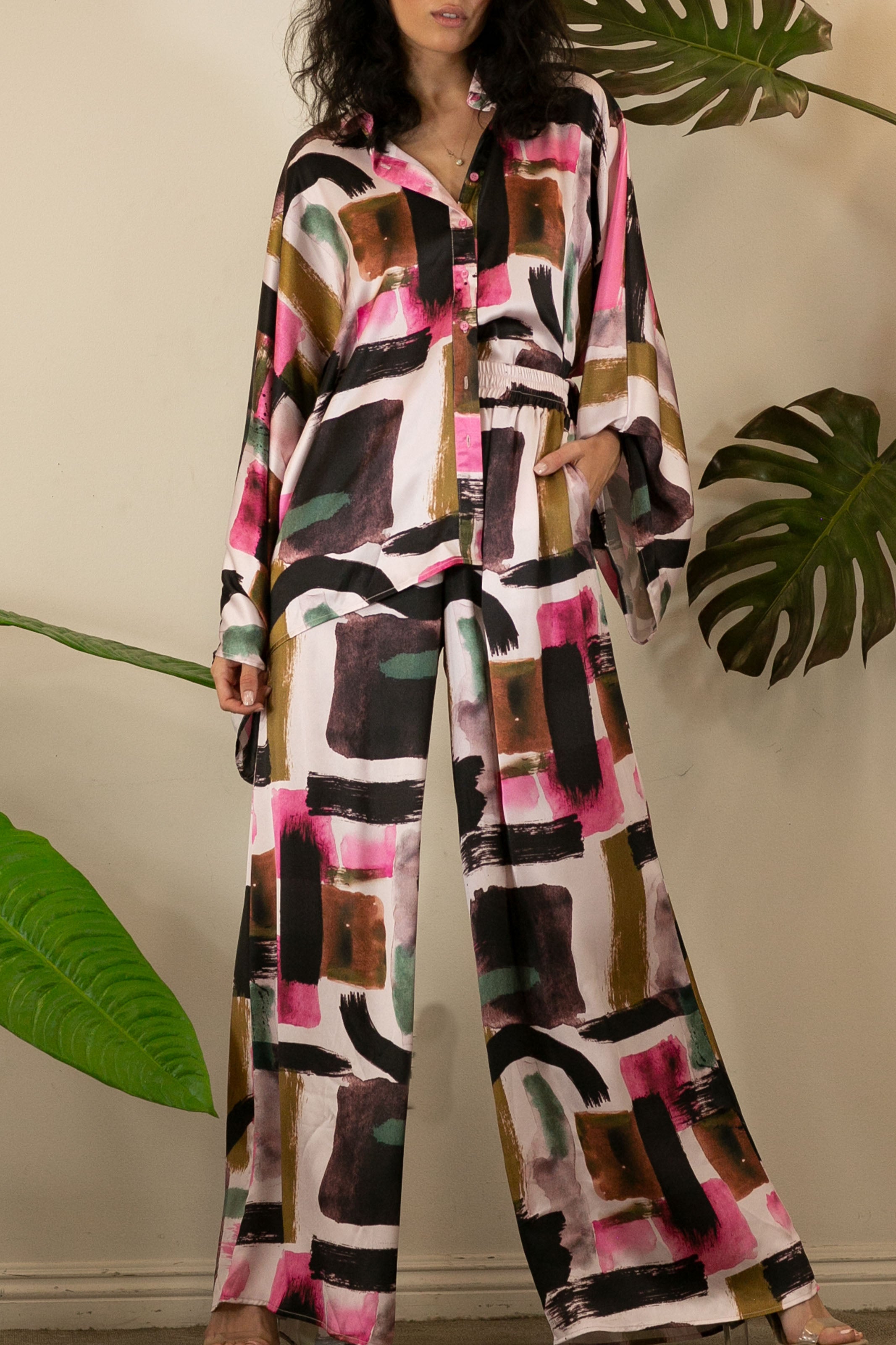 Abstract Printed Kimono Pant Set