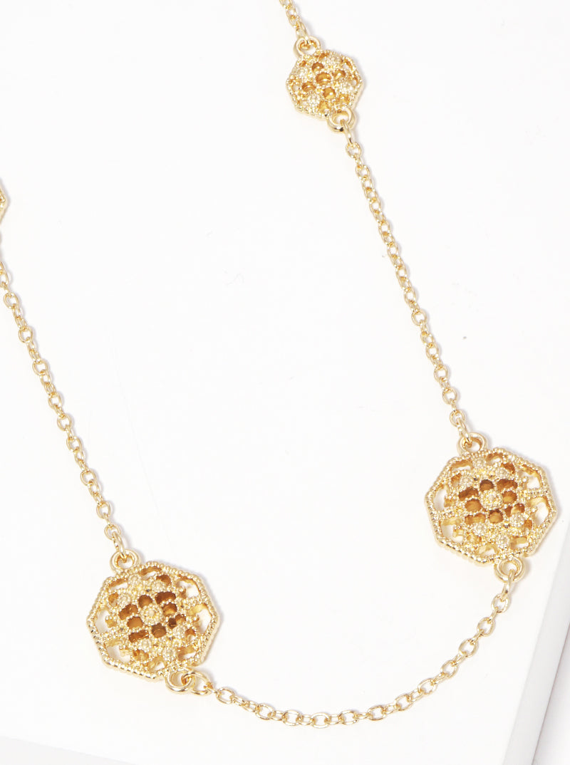 Hexagon Shape Long Necklace (Color - Gold)