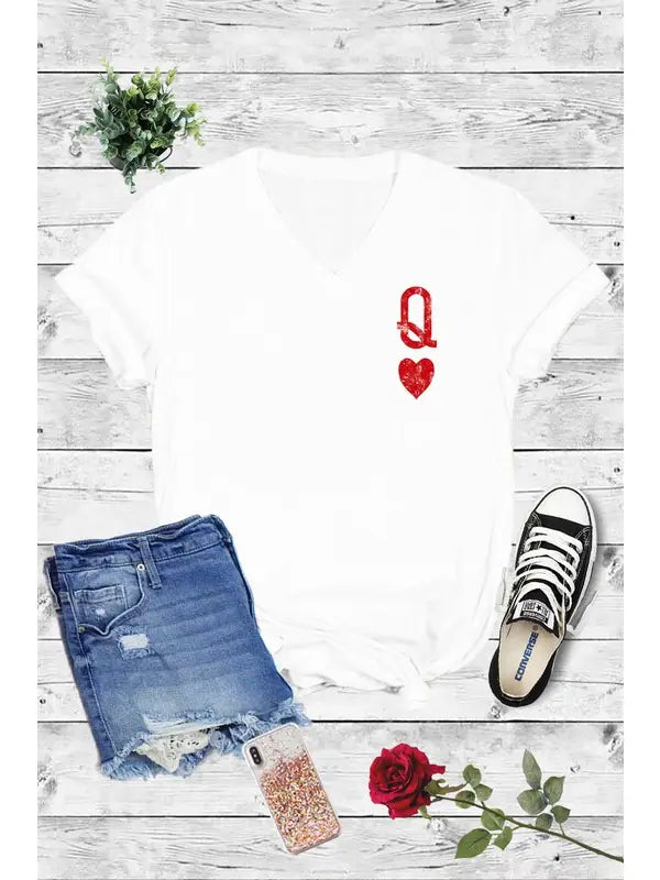 Weezie D White Queen of Hearts Graphic T-Shirt is how you show queen status. Wear proudly as the queen you are. Unisex & 100% Cotton t-shirt has a v-neckline, short sleeves & relaxed fit . Wear our comfy tee with your favorite denim for the weekend. Cinch you waistline by knotting the front, side or back. 100% Cotton.