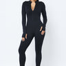 Weezie D. Long Sleeve Black Catsuit Jumpsuit is soft stretch & a great layering staple. Our favorite detail is the thumb hole for extended cover up on your wrist & hands. Zip front closure and spandex stretch. Wear with heels for a dressy look or sneakers for a more sporty outfit. Available Up to Size Extra Large. 
